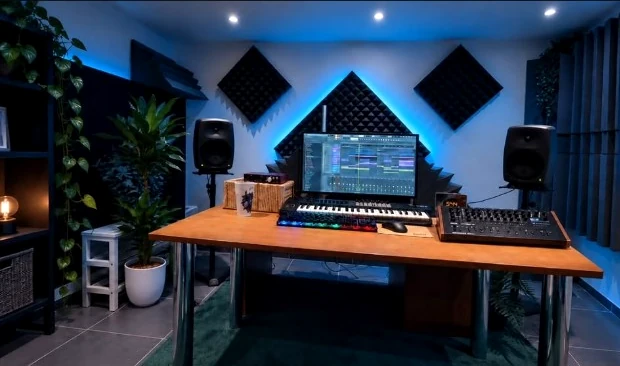 Music production desk at Stejong Studio, with speakers, equipment and blue accent lighting